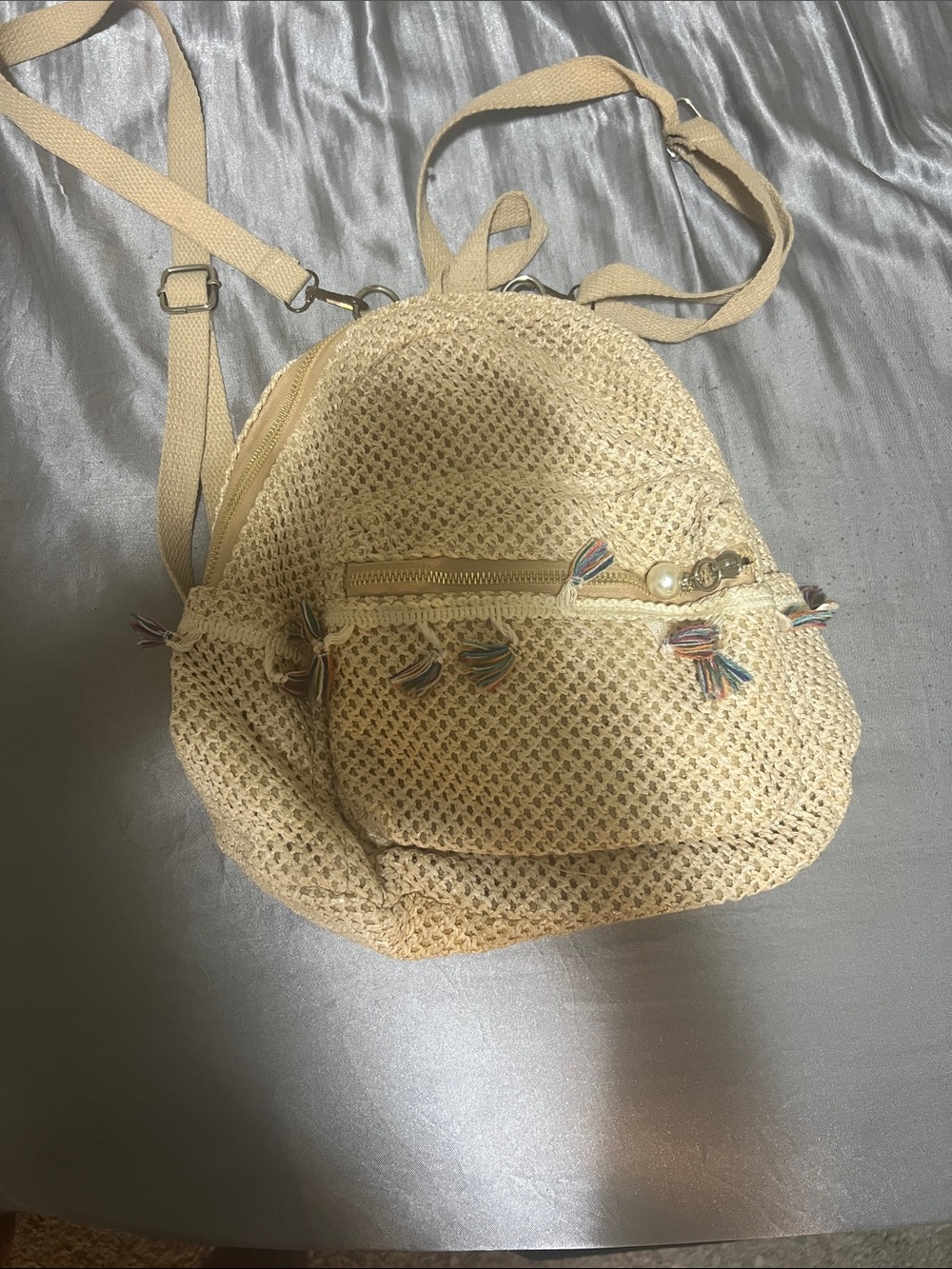 Woven Straw Mini Backpack with Tassel Accents - Natural